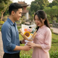 bó hoa len tốt nghiệp heo + hướng dương Gật Gù