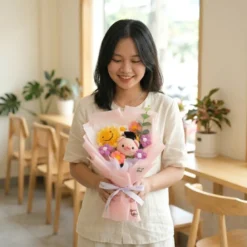 Bó hoa handmade kèm Hoa Hướng Dương và Heo bằng len Gật Gù siêu chữa lành
