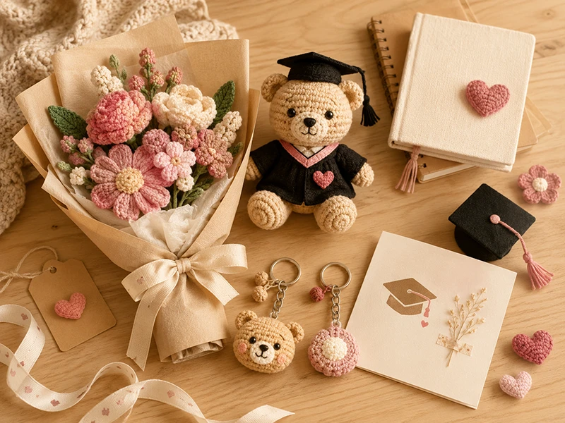 Gợi ý chọn quà tốt nghiệp handmade với hoa len, gấu bông len và móc khóa len tại Gật Gù