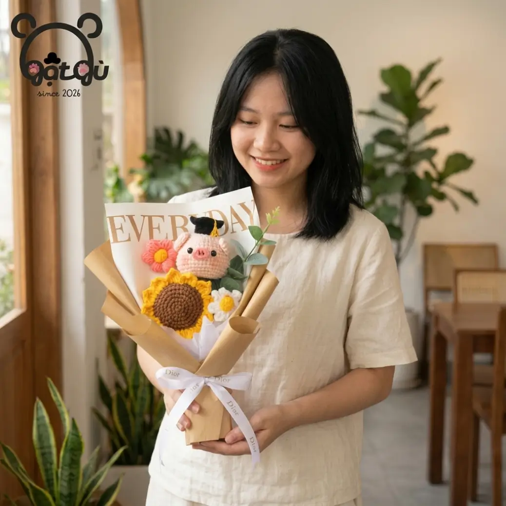 bó hoa len tốt nghiệp heo + hướng dương Gật Gù - Ảnh 3