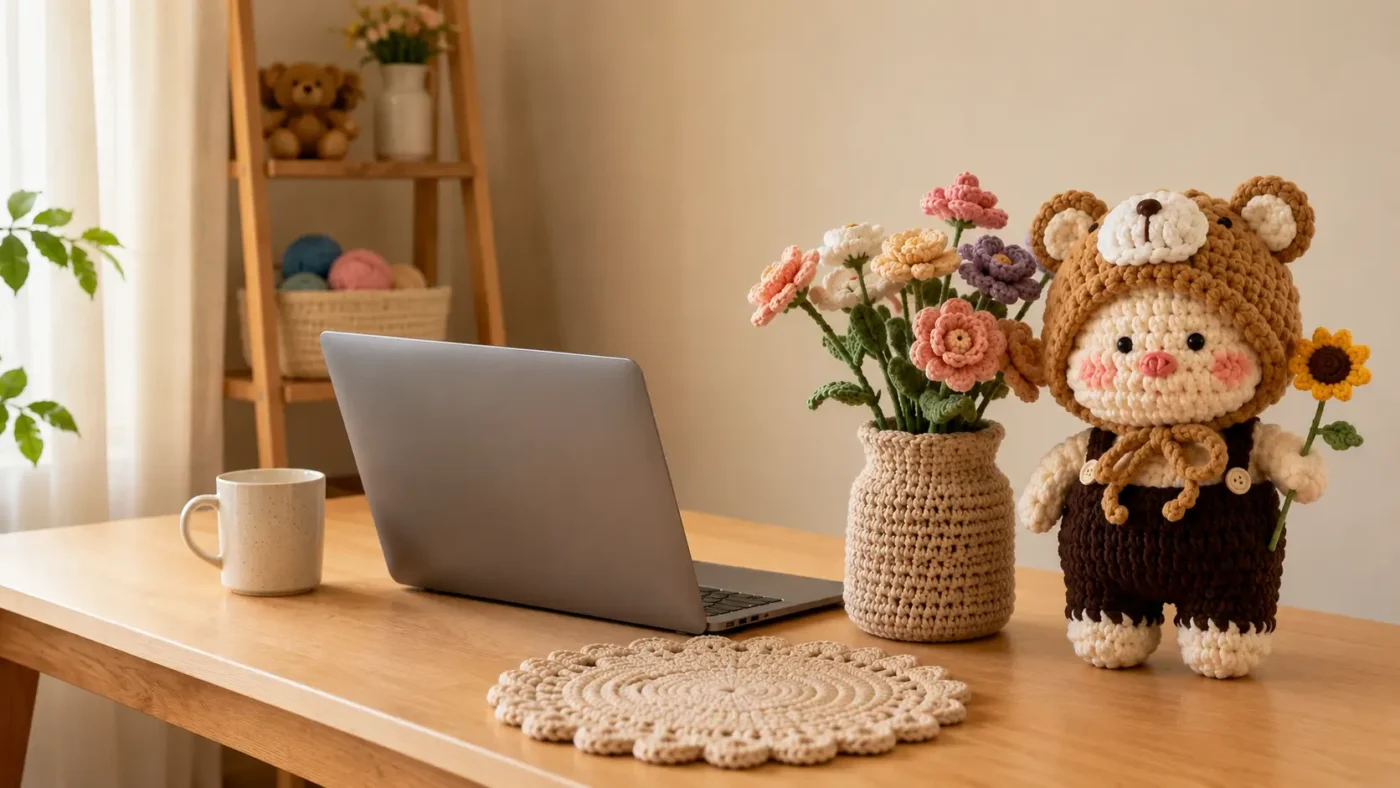 Decor phòng làm việc tại nhà bằng đồ len handmade