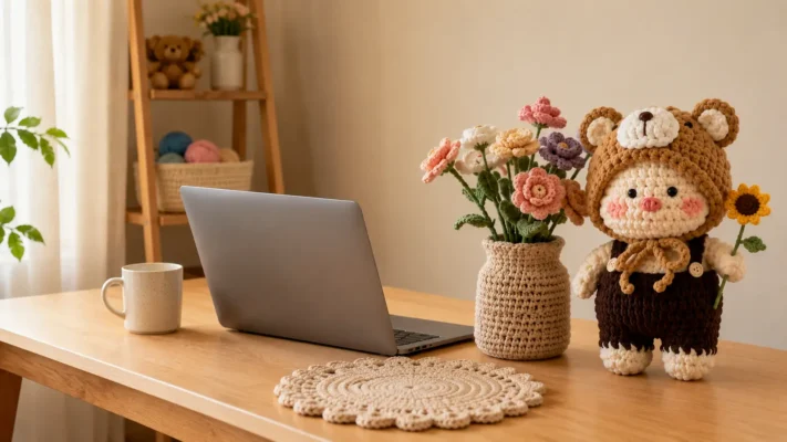 Decor phòng làm việc tại nhà bằng đồ len handmade
