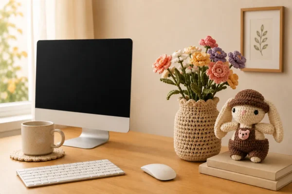 Gấu bông len mini trên bàn làm việc