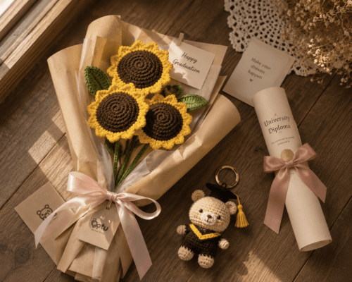 Set quà tặng bó hoa hướng dương tốt nghiệp và móc khóa len.