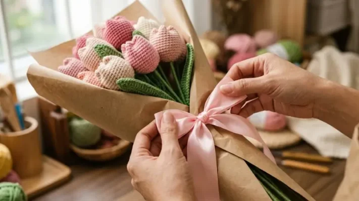 Cách thắt nơ bó hoa đơn giản cho bó hoa len handmade
