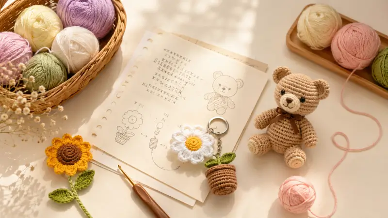 Chart móc len cơ bản bên cạnh móc khóa len và hoa len handmade