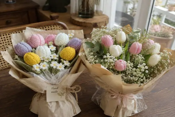 So sánh hoa len handmade và hoa tươi làm quà tặng