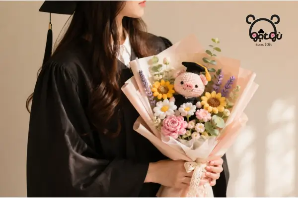 Bó hoa gấu tốt nghiệp cầm trên tay sinh viên