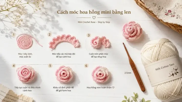 Hướng dẫn cách móc hoa hồng mini bằng len cho người mới bắt đầu