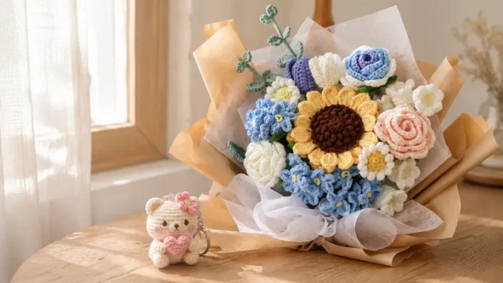 Quà handmade tặng mẹ - bó hoa len và móc khóa len Gật Gù