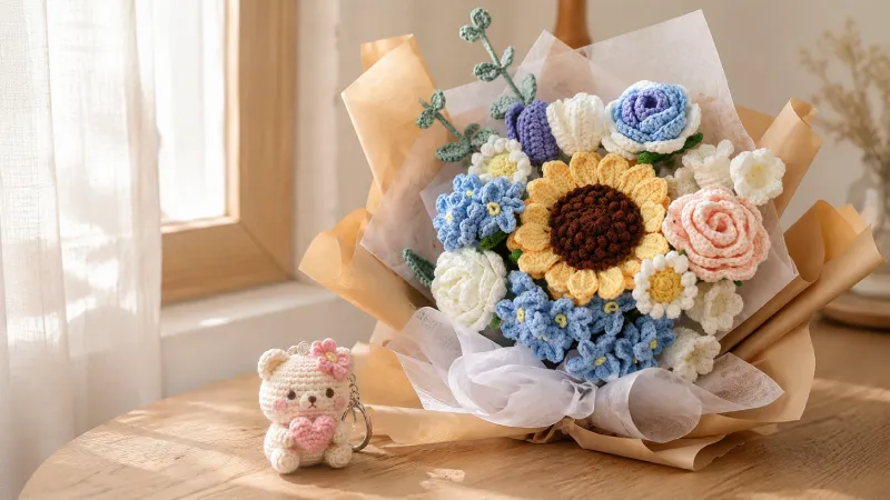 Quà handmade tặng mẹ - bó hoa len và móc khóa len Gật Gù