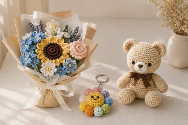 So sánh hoa len, móc khóa len và gấu bông len handmade