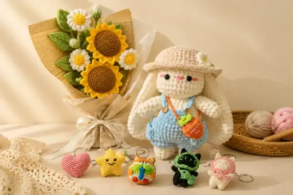 Hoa len, gấu bông len và móc khóa len handmade