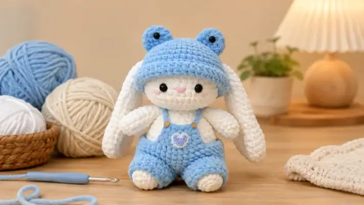 Chú thỏ bông len Amigurumi màu pastel đặt trên bàn gỗ bên cuộn len Milk Cotton