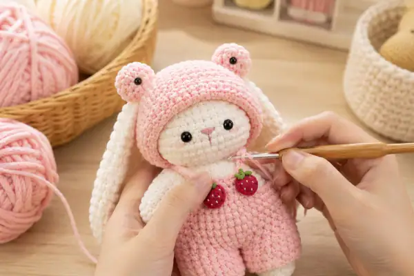 Cận cảnh đôi bàn tay thợ thủ công đang khép mũi móc cho chú gấu bông len Amigurumi