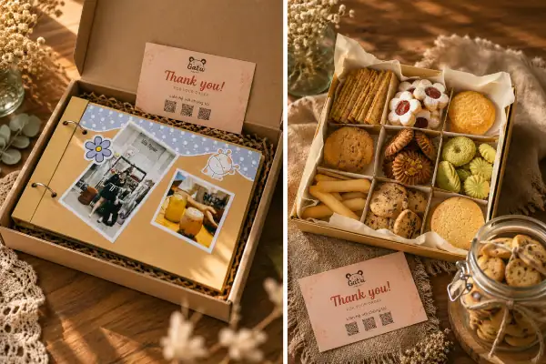 : Cuốn sổ ảnh Scrapbook tình yêu mở trang bên cạnh hộp bánh quy bơ tự nướng